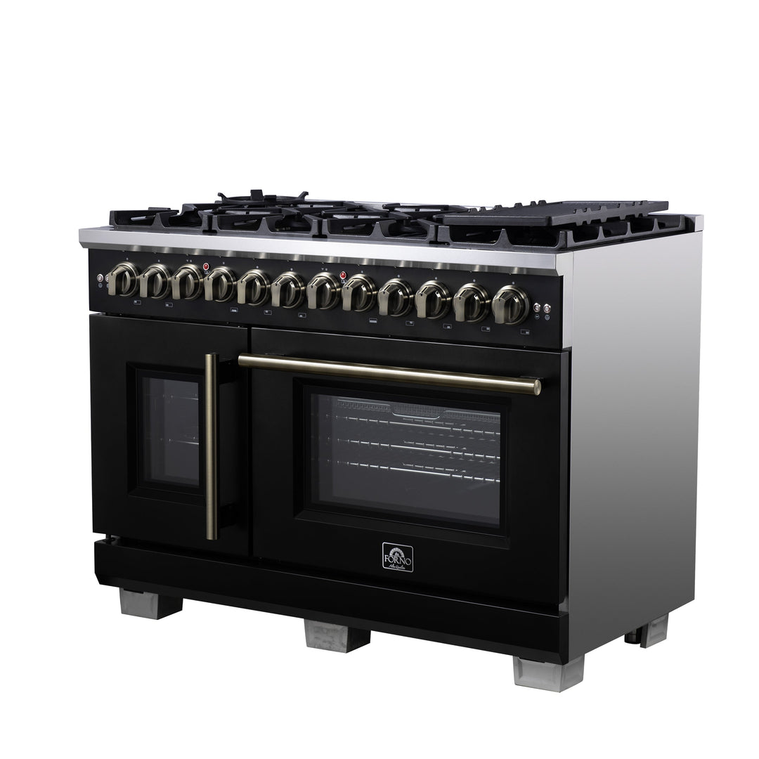Forno Capriasca 48 Inch Freestanding French Door Dual Fuel Range in Black with Antique Brass Accessories, 8 Burners, True Convection Oven