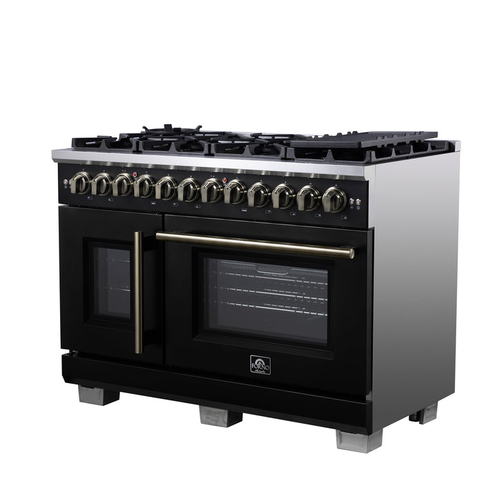 Forno Capriasca 48 Inch Freestanding French Door Dual Fuel Range in Black with Antique Brass Accessories, 8 Burners, True Convection Oven