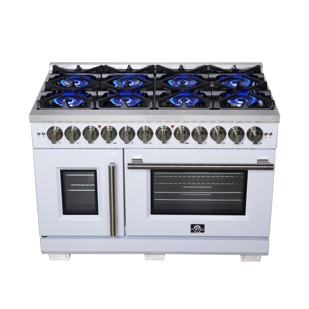 Forno Capriasca 48 Inch Freestanding French Door Dual Fuel Range in White with Antique Brass Accessories, 8 Burners, True Convection Oven