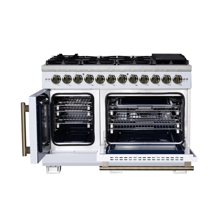 Forno Capriasca 48 Inch Freestanding French Door Dual Fuel Range in White with Antique Brass Accessories, 8 Burners, True Convection Oven