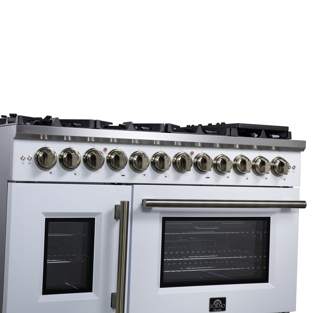 Forno Capriasca 48 Inch Freestanding French Door Dual Fuel Range in White with Antique Brass Accessories, 8 Burners, True Convection Oven