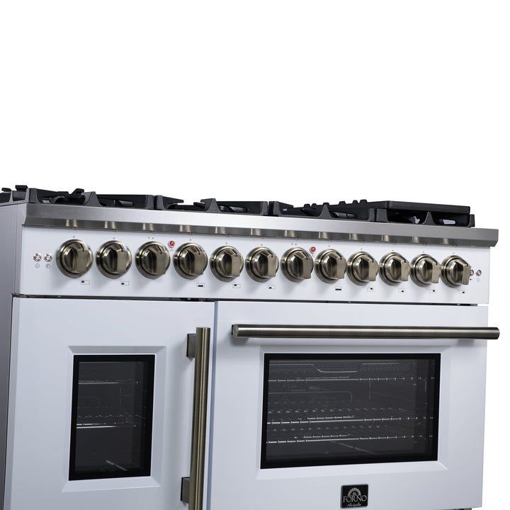 Forno Capriasca 48 Inch Freestanding French Door Dual Fuel Range in White with Antique Brass Accessories, 8 Burners, True Convection Oven