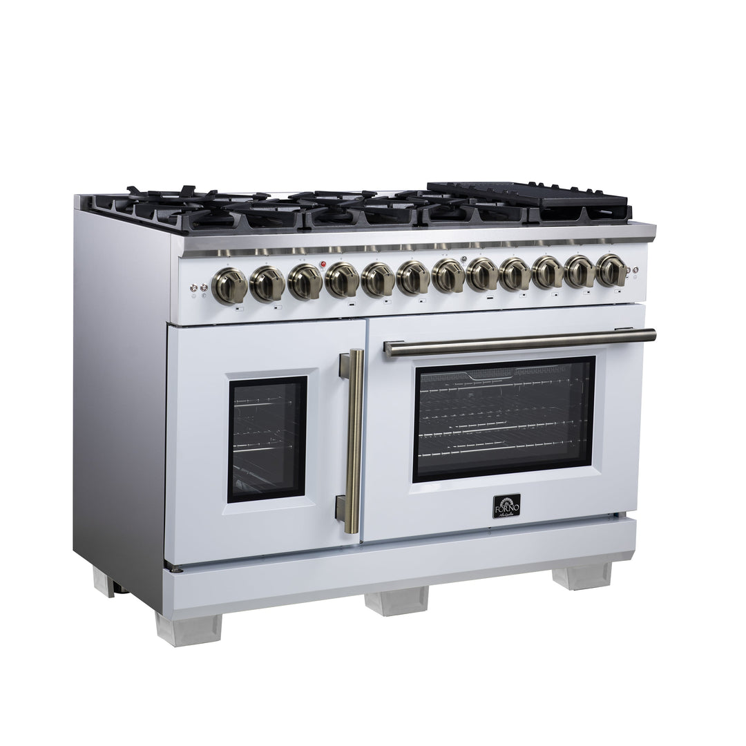Forno Capriasca 48 Inch Freestanding French Door Dual Fuel Range in White with Antique Brass Accessories, 8 Burners, True Convection Oven