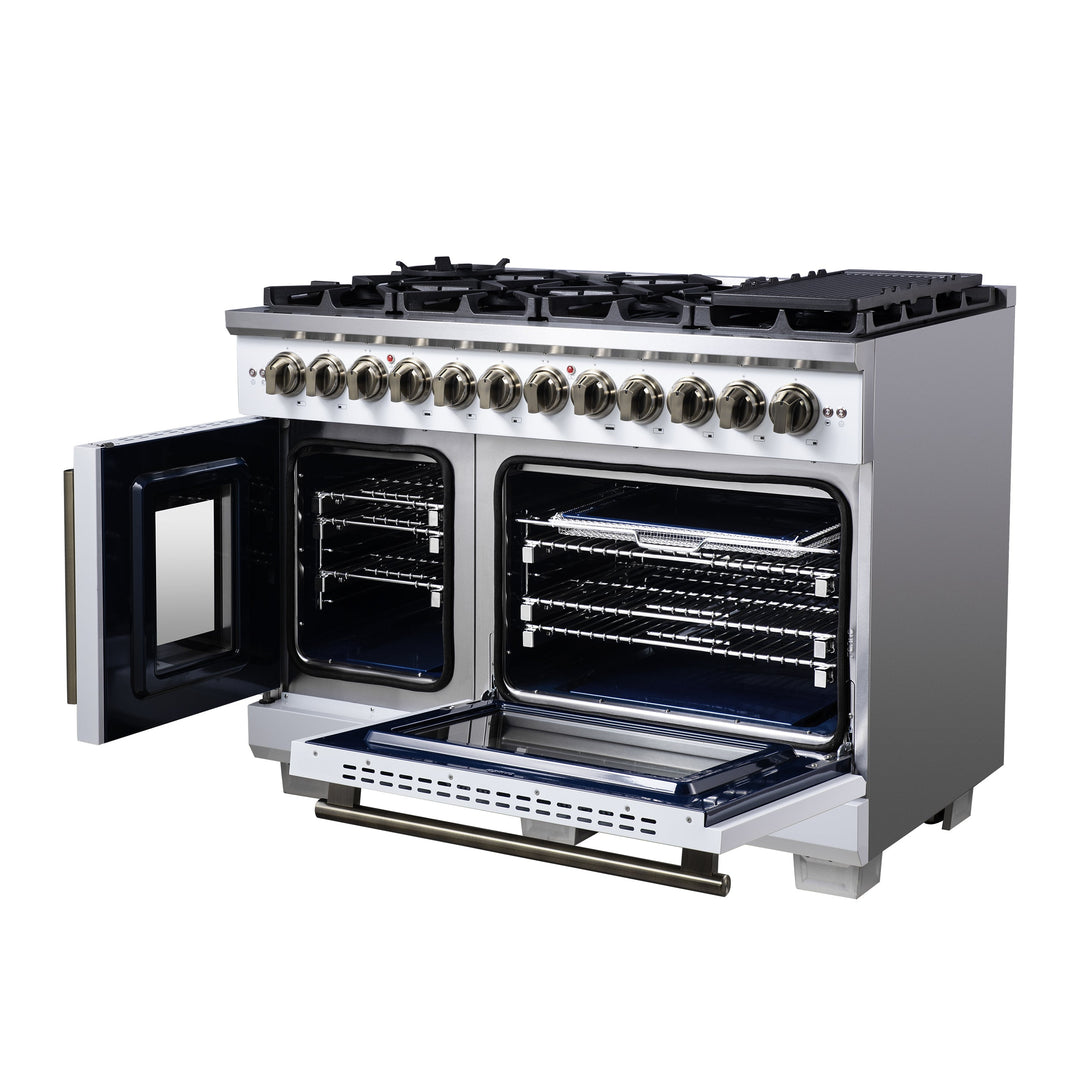 Forno Capriasca 48 Inch Freestanding French Door Dual Fuel Range in White with Antique Brass Accessories, 8 Burners, True Convection Oven