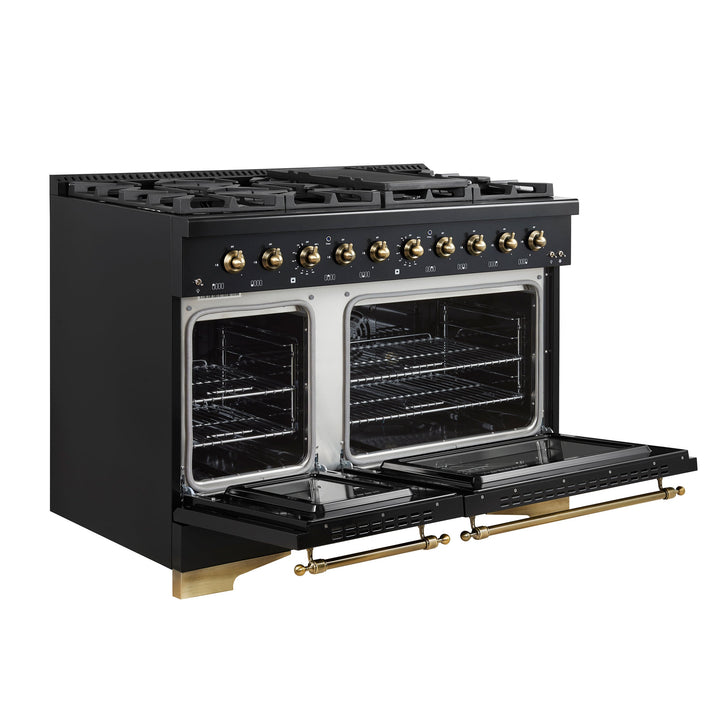 Forno Antico 48-Inch Dual Fuel Range, Black with Antique Brass Finish, 8 Burners, 94,000 BTU, 5.5 cu.ft. Double Ovens &amp; Griddle