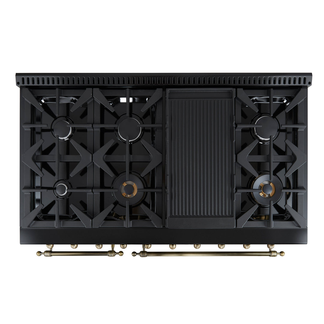 Forno Antico 48-Inch Dual Fuel Range, Black with Antique Brass Finish, 8 Burners, 94,000 BTU, 5.5 cu.ft. Double Ovens &amp; Griddle