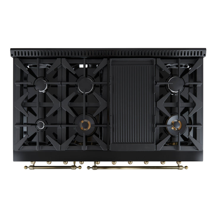Forno Antico 48-Inch Dual Fuel Range, Black with Antique Brass Finish, 8 Burners, 94,000 BTU, 5.5 cu.ft. Double Ovens &amp; Griddle