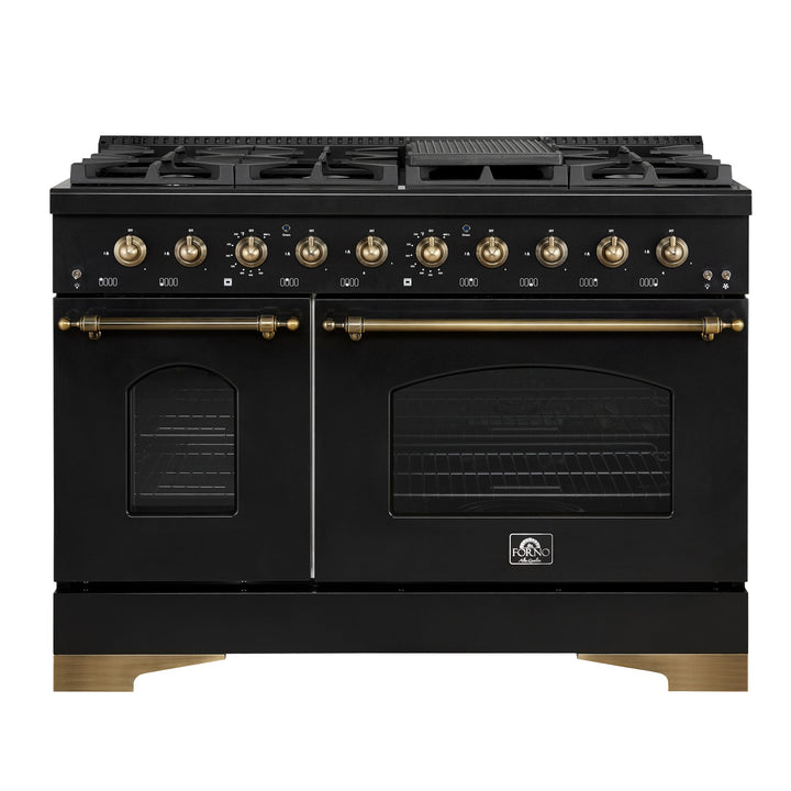 Forno Antico 48-Inch Dual Fuel Range, Black with Antique Brass Finish, 8 Burners, 94,000 BTU, 5.5 cu.ft. Double Ovens &amp; Griddle