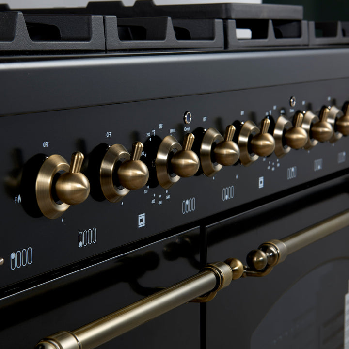 Forno Antico 48-Inch Dual Fuel Range, Black with Antique Brass Finish, 8 Burners, 94,000 BTU, 5.5 cu.ft. Double Ovens &amp; Griddle