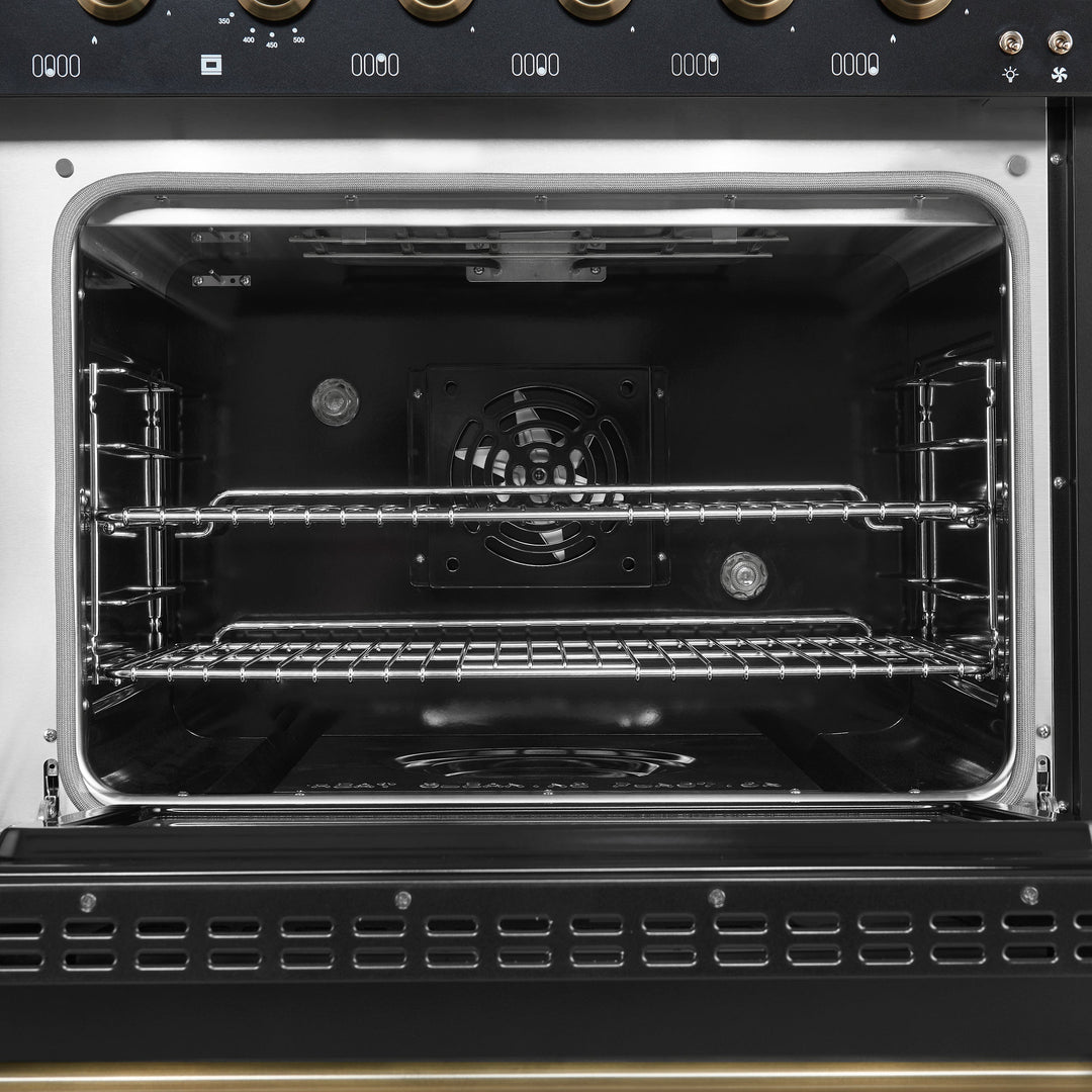 Forno Antico 48-Inch Dual Fuel Range, Black with Antique Brass Finish, 8 Burners, 94,000 BTU, 5.5 cu.ft. Double Ovens &amp; Griddle