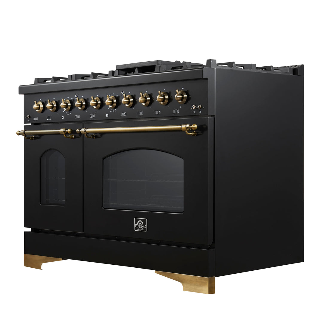Forno Antico 48-Inch Dual Fuel Range, Black with Antique Brass Finish, 8 Burners, 94,000 BTU, 5.5 cu.ft. Double Ovens &amp; Griddle