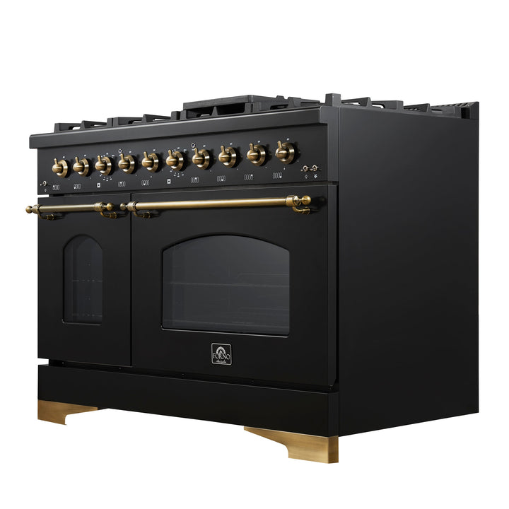 Forno Antico 48-Inch Dual Fuel Range, Black with Antique Brass Finish, 8 Burners, 94,000 BTU, 5.5 cu.ft. Double Ovens &amp; Griddle