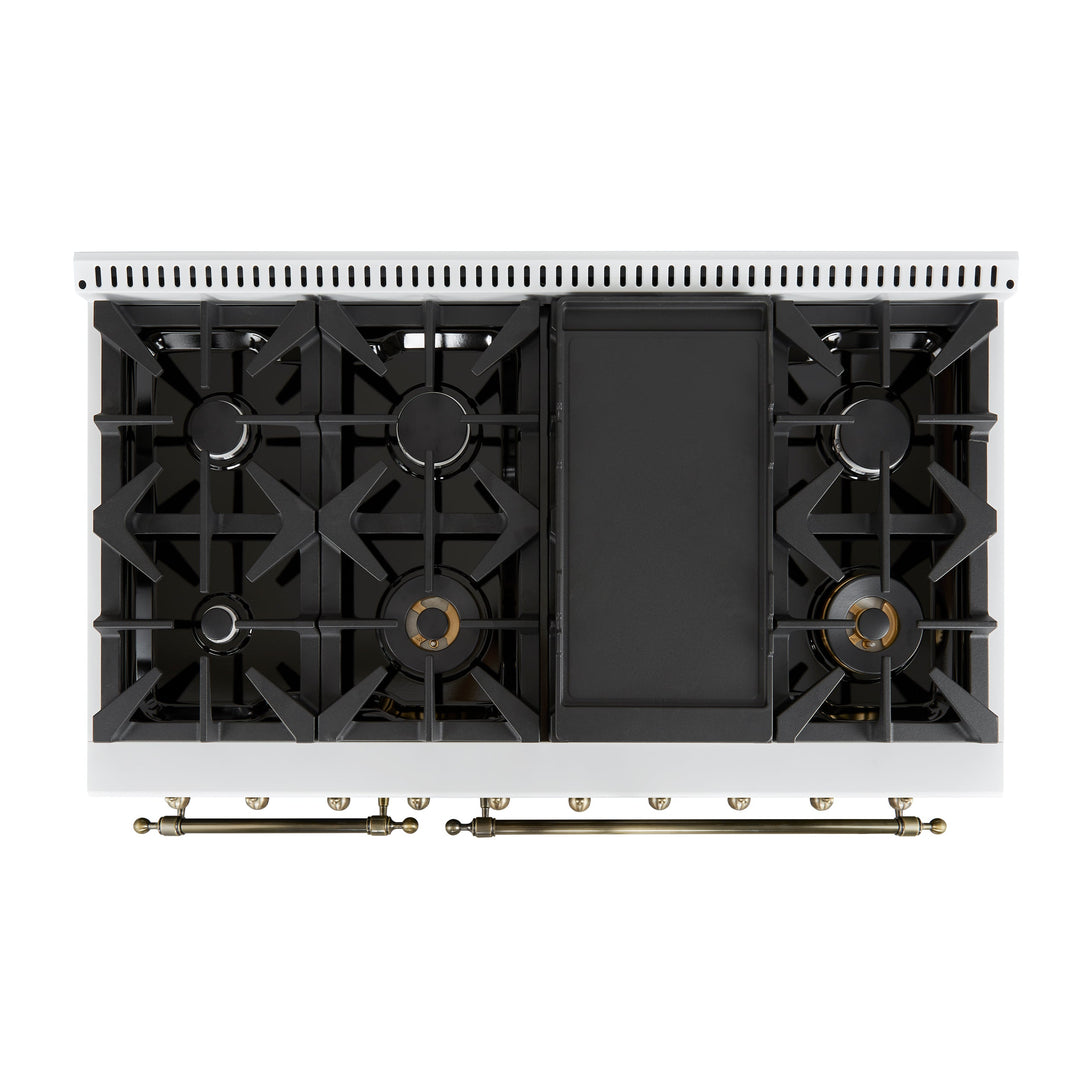 Forno Antico 48-Inch Dual Fuel Range, White with Antique Brass Finish, 8 Burners, 94,000 BTU, 5.5 cu.ft. Double Ovens &amp; Griddle