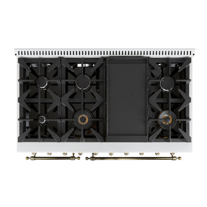 Forno Antico 48-Inch Dual Fuel Range, White with Antique Brass Finish, 8 Burners, 94,000 BTU, 5.5 cu.ft. Double Ovens &amp; Griddle