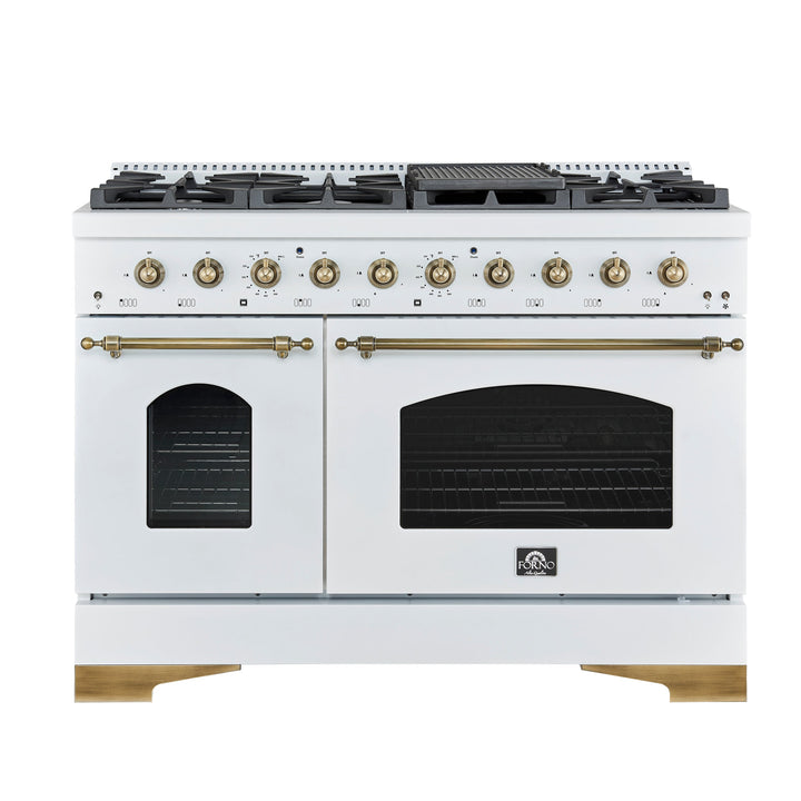 Forno Antico 48-Inch Dual Fuel Range, White with Antique Brass Finish, 8 Burners, 94,000 BTU, 5.5 cu.ft. Double Ovens &amp; Griddle