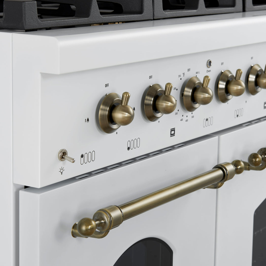 Forno Antico 48-Inch Dual Fuel Range, White with Antique Brass Finish, 8 Burners, 94,000 BTU, 5.5 cu.ft. Double Ovens &amp; Griddle