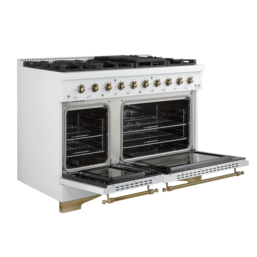 Forno Antico 48-Inch Dual Fuel Range, White with Antique Brass Finish, 8 Burners, 94,000 BTU, 5.5 cu.ft. Double Ovens &amp; Griddle