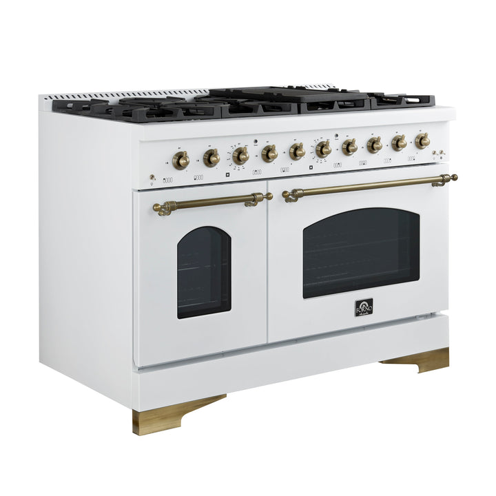 Forno Antico 48-Inch Dual Fuel Range, White with Antique Brass Finish, 8 Burners, 94,000 BTU, 5.5 cu.ft. Double Ovens &amp; Griddle