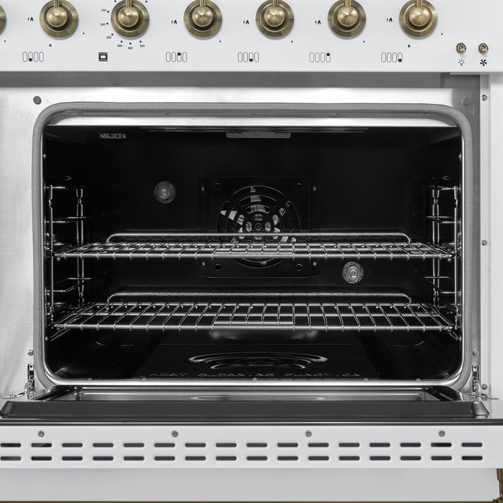 Forno Antico 48-Inch Dual Fuel Range, White with Antique Brass Finish, 8 Burners, 94,000 BTU, 5.5 cu.ft. Double Ovens &amp; Griddle