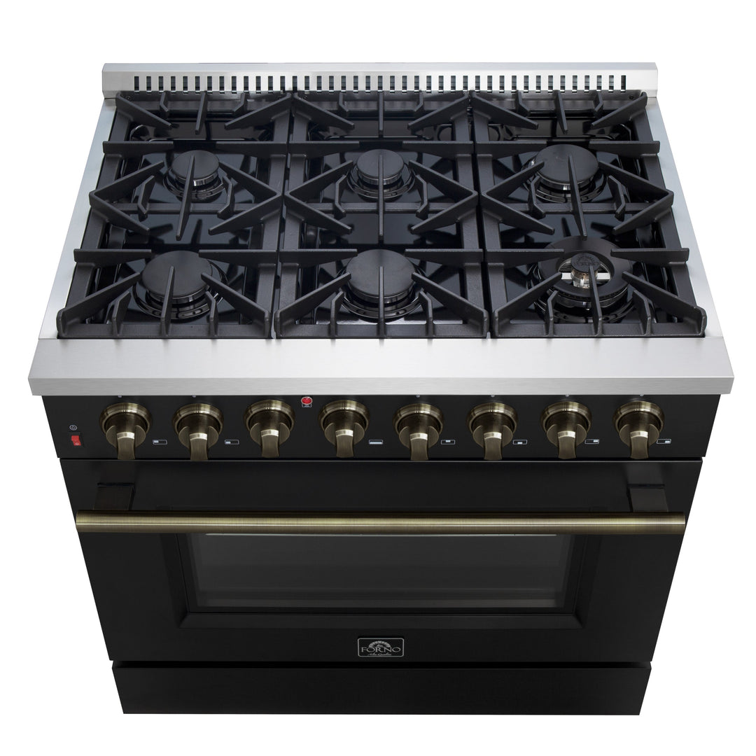 Forno Galiano 36-inch Dual Fuel Range in Black &amp; Antique Brass Design, 6 Sealed Burners 83,000 BTU, 5.36 cu.ft. True Convection Oven