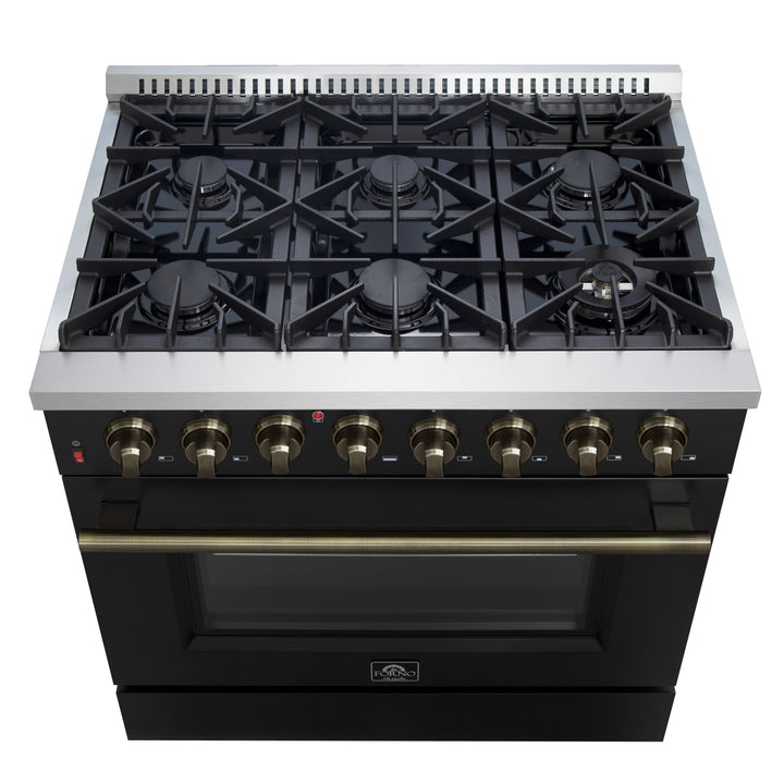 Forno Galiano 36-inch Dual Fuel Range in Black &amp; Antique Brass Design, 6 Sealed Burners 83,000 BTU, 5.36 cu.ft. True Convection Oven
