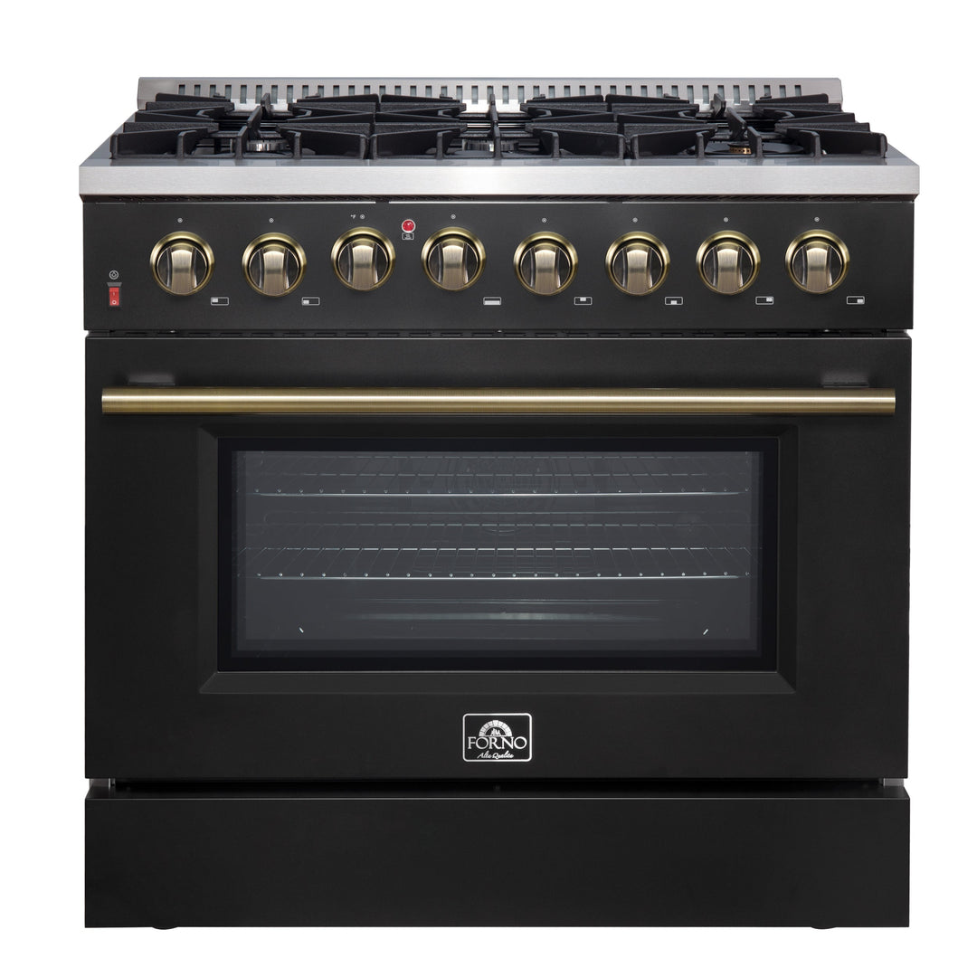 Forno Galiano 36-inch Dual Fuel Range in Black &amp; Antique Brass Design, 6 Sealed Burners 83,000 BTU, 5.36 cu.ft. True Convection Oven