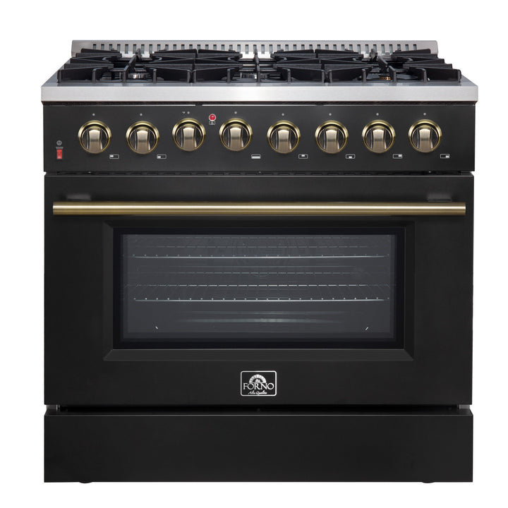 Forno Galiano 36-inch Dual Fuel Range in Black &amp; Antique Brass Design, 6 Sealed Burners 83,000 BTU, 5.36 cu.ft. True Convection Oven