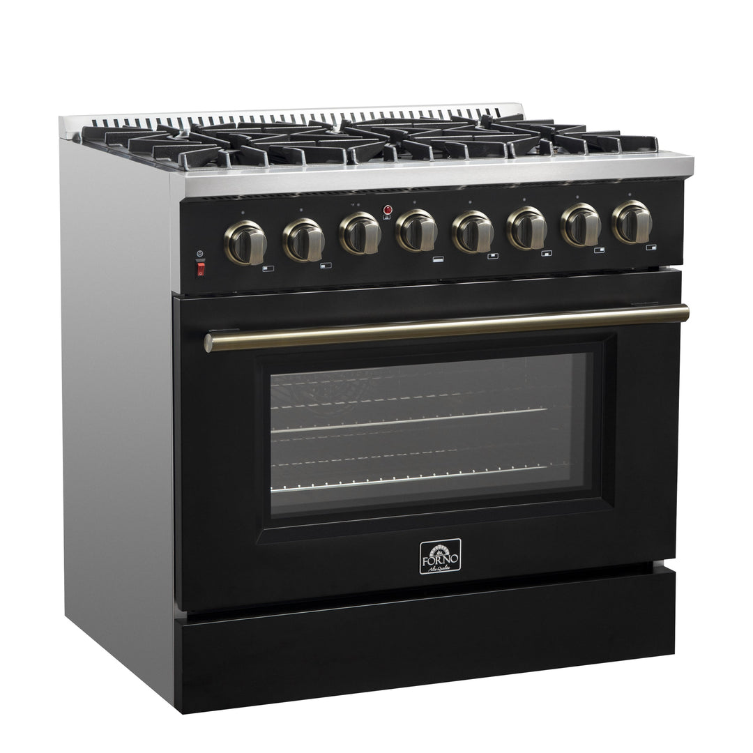 Forno Galiano 36-inch Dual Fuel Range in Black &amp; Antique Brass Design, 6 Sealed Burners 83,000 BTU, 5.36 cu.ft. True Convection Oven