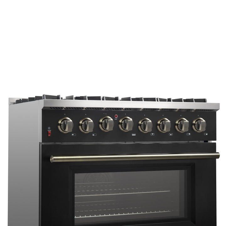Forno Galiano 36-inch Dual Fuel Range in Black &amp; Antique Brass Design, 6 Sealed Burners 83,000 BTU, 5.36 cu.ft. True Convection Oven