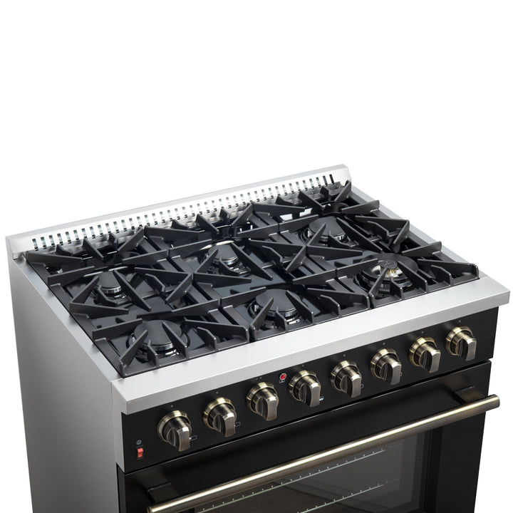 Forno Galiano 36-inch Dual Fuel Range in Black &amp; Antique Brass Design, 6 Sealed Burners 83,000 BTU, 5.36 cu.ft. True Convection Oven