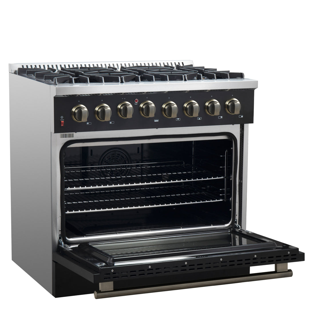 Forno Galiano 36-inch Dual Fuel Range in Black &amp; Antique Brass Design, 6 Sealed Burners 83,000 BTU, 5.36 cu.ft. True Convection Oven