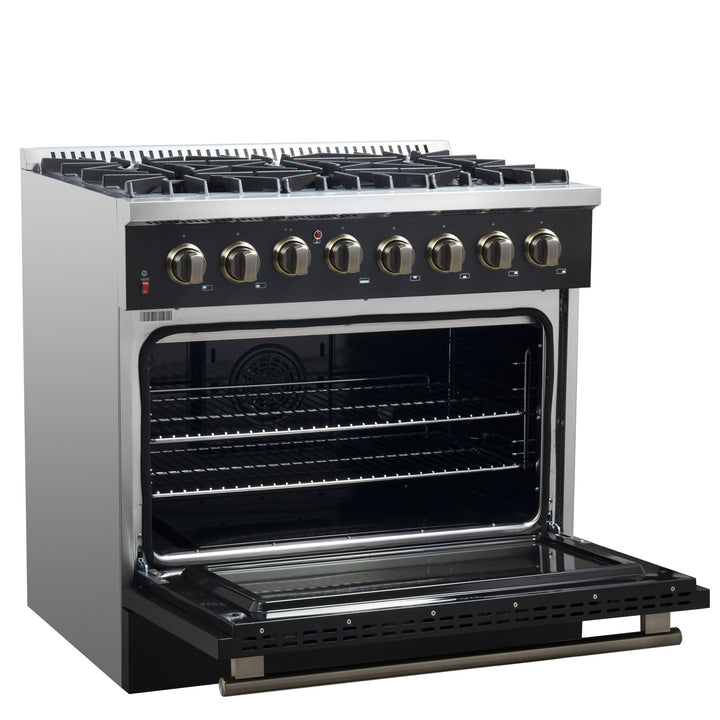 Forno Galiano 36-inch Dual Fuel Range in Black &amp; Antique Brass Design, 6 Sealed Burners 83,000 BTU, 5.36 cu.ft. True Convection Oven