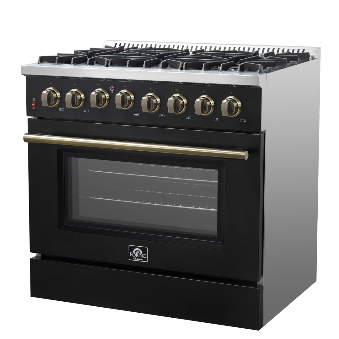 Forno Galiano 36-inch Dual Fuel Range in Black &amp; Antique Brass Design, 6 Sealed Burners 83,000 BTU, 5.36 cu.ft. True Convection Oven