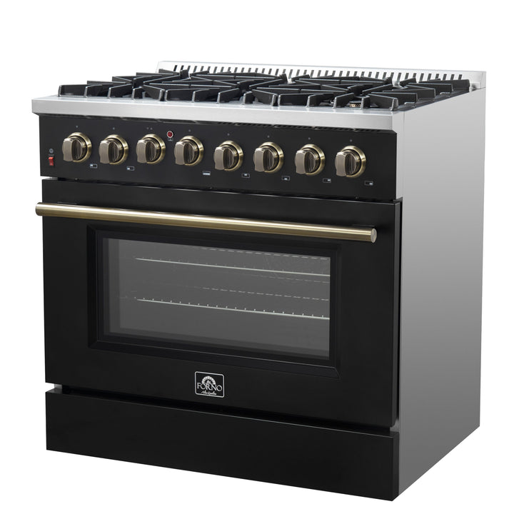 Forno Galiano 36-inch Dual Fuel Range in Black &amp; Antique Brass Design, 6 Sealed Burners 83,000 BTU, 5.36 cu.ft. True Convection Oven