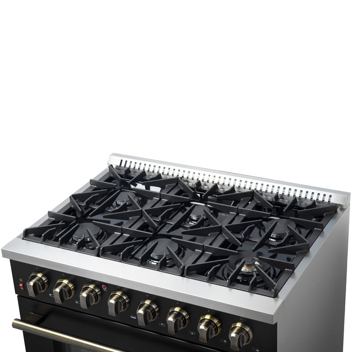Forno Galiano 36-inch Dual Fuel Range in Black &amp; Antique Brass Design, 6 Sealed Burners 83,000 BTU, 5.36 cu.ft. True Convection Oven