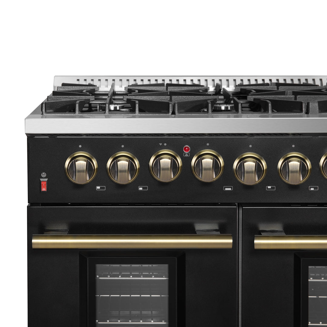 Galiano 48-inch Dual Fuel Range Black &amp; Antique Brass Design with 8 Sealed Burners 107,000 BTU, 6.58 cu. ft. double ovens &amp; Griddle
