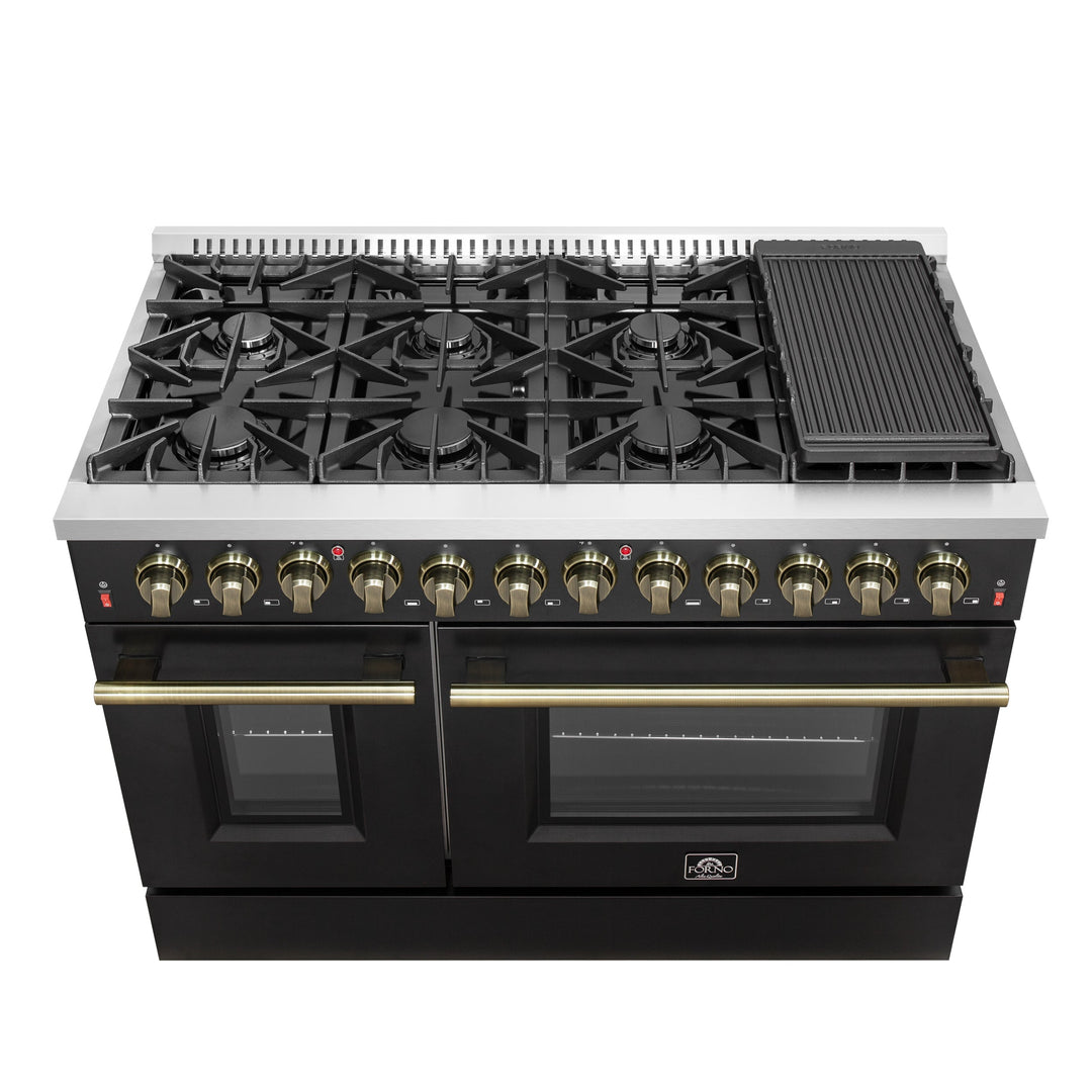 Galiano 48-inch Dual Fuel Range Black &amp; Antique Brass Design with 8 Sealed Burners 107,000 BTU, 6.58 cu. ft. double ovens &amp; Griddle
