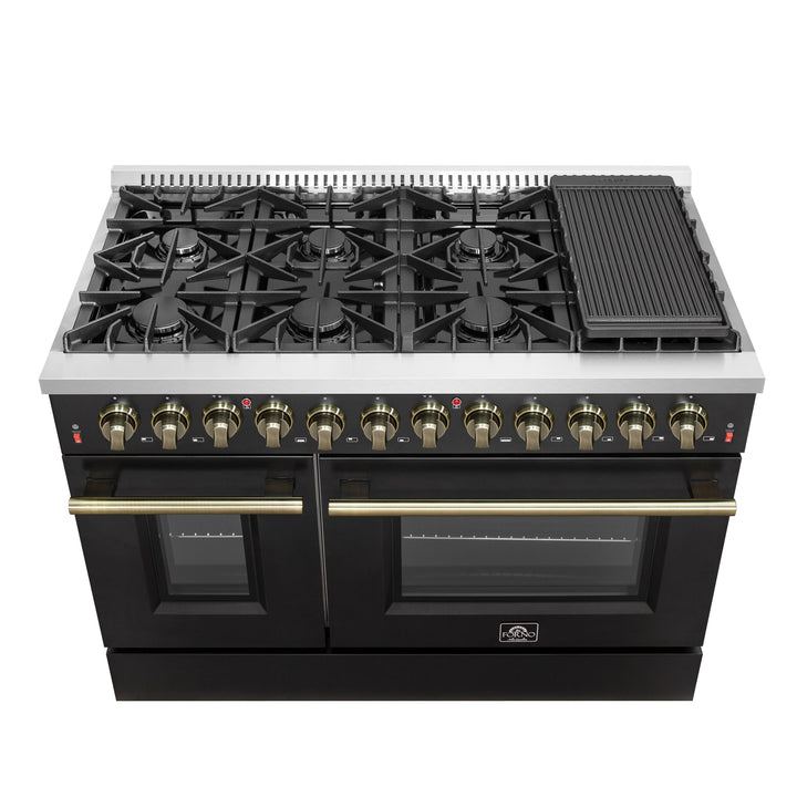 Galiano 48-inch Dual Fuel Range Black &amp; Antique Brass Design with 8 Sealed Burners 107,000 BTU, 6.58 cu. ft. double ovens &amp; Griddle