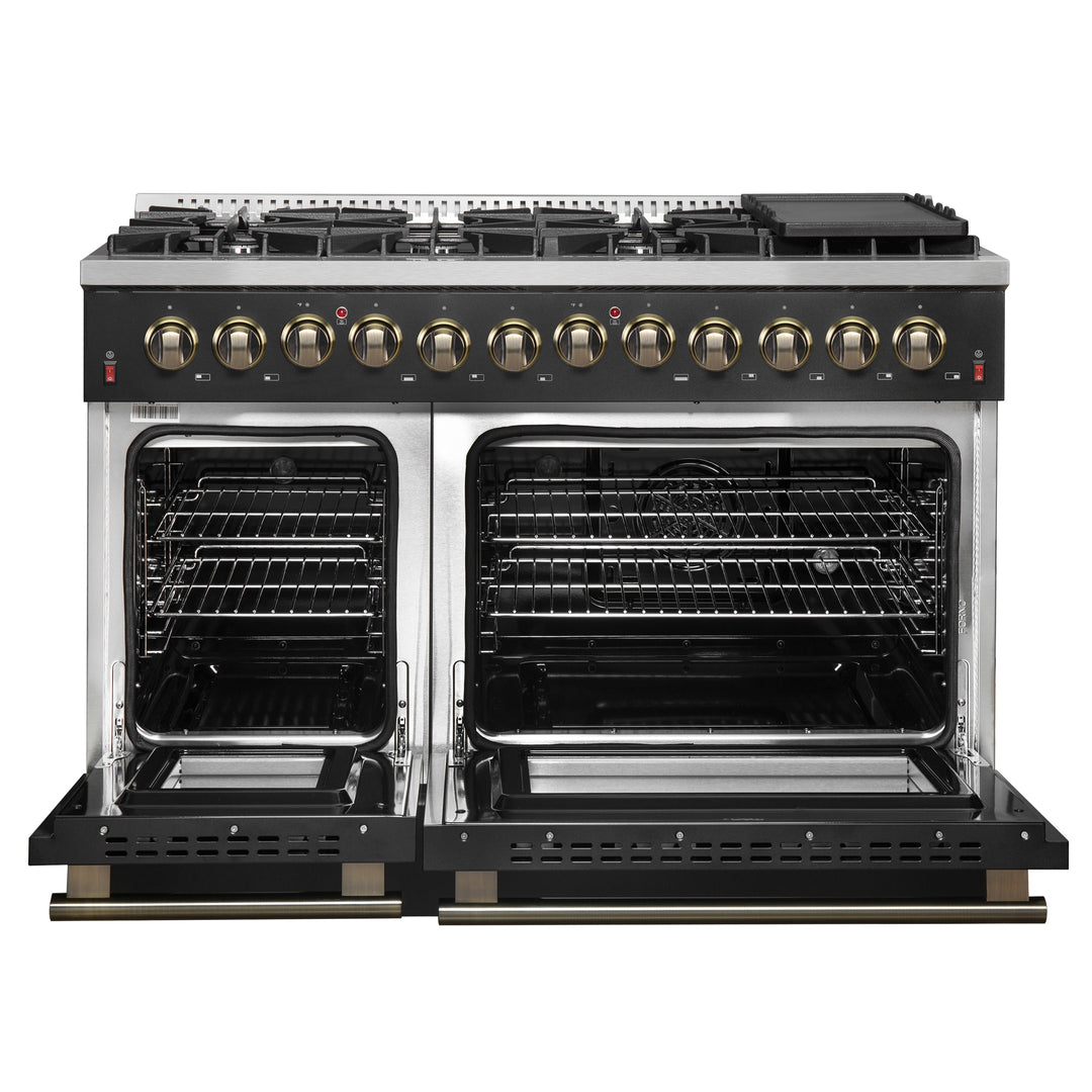 Galiano 48-inch Dual Fuel Range Black &amp; Antique Brass Design with 8 Sealed Burners 107,000 BTU, 6.58 cu. ft. double ovens &amp; Griddle