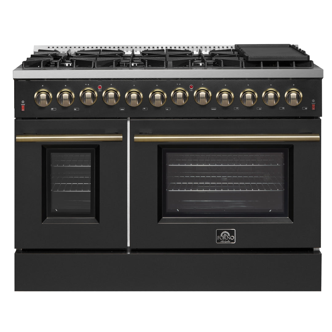 Galiano 48-inch Dual Fuel Range Black &amp; Antique Brass Design with 8 Sealed Burners 107,000 BTU, 6.58 cu. ft. double ovens &amp; Griddle