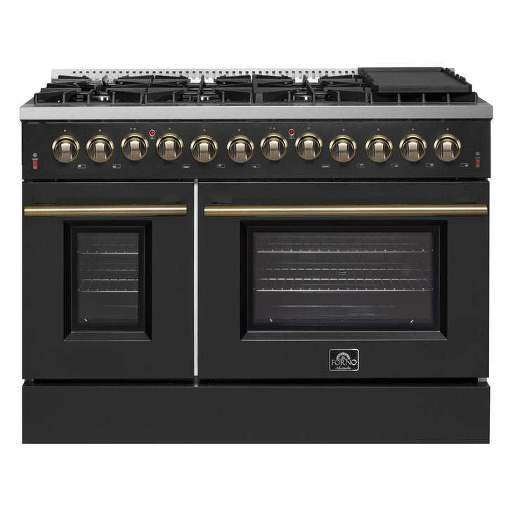 Galiano 48-inch Dual Fuel Range Black &amp; Antique Brass Design with 8 Sealed Burners 107,000 BTU, 6.58 cu. ft. double ovens &amp; Griddle
