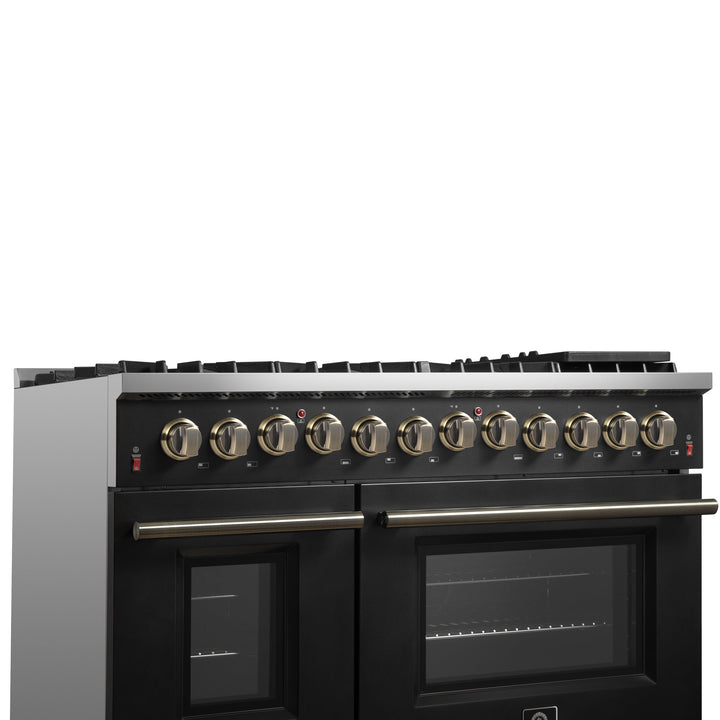 Galiano 48-inch Dual Fuel Range Black &amp; Antique Brass Design with 8 Sealed Burners 107,000 BTU, 6.58 cu. ft. double ovens &amp; Griddle