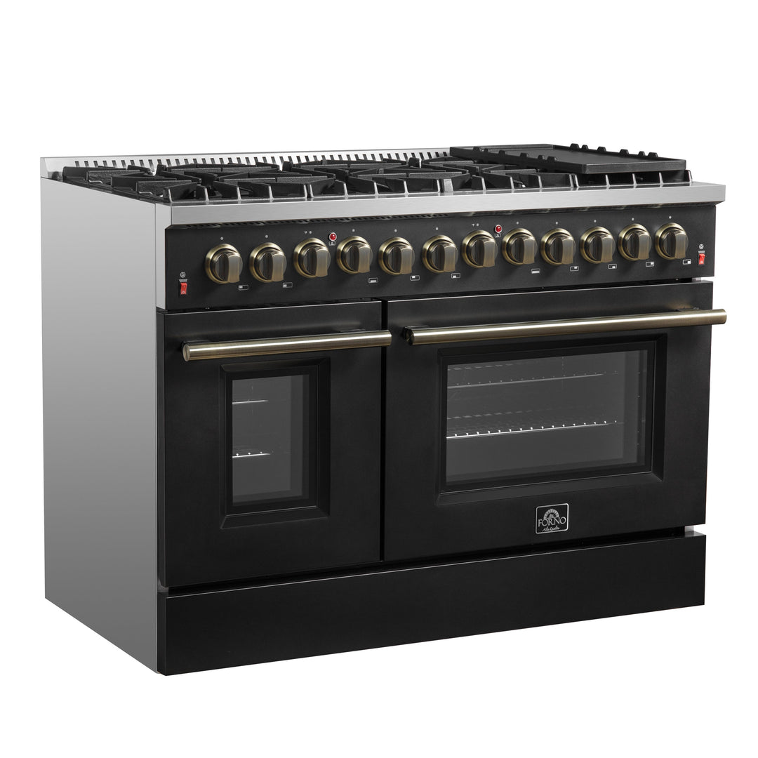 Galiano 48-inch Dual Fuel Range Black &amp; Antique Brass Design with 8 Sealed Burners 107,000 BTU, 6.58 cu. ft. double ovens &amp; Griddle