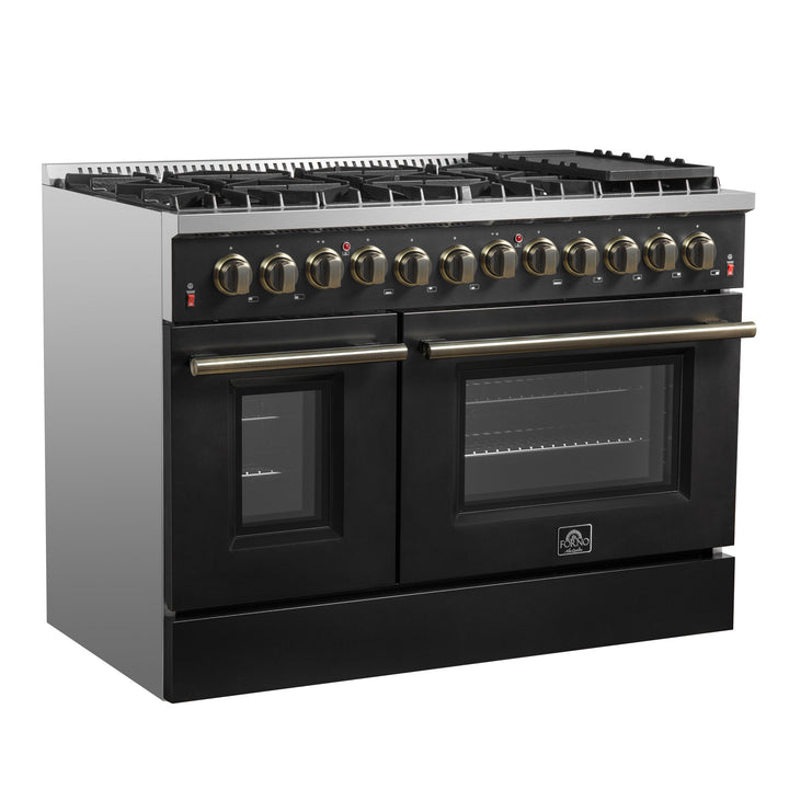 Galiano 48-inch Dual Fuel Range Black &amp; Antique Brass Design with 8 Sealed Burners 107,000 BTU, 6.58 cu. ft. double ovens &amp; Griddle