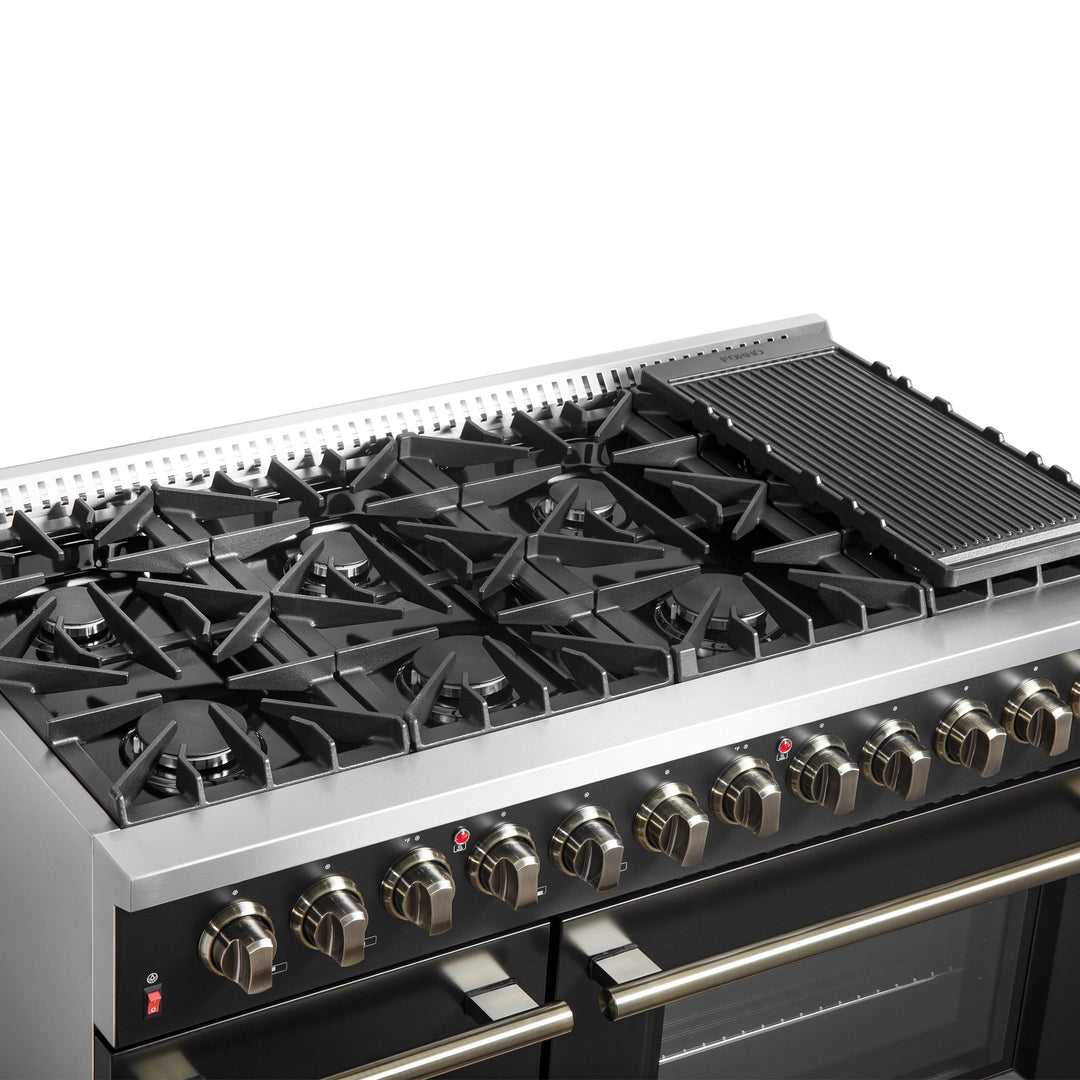 Galiano 48-inch Dual Fuel Range Black &amp; Antique Brass Design with 8 Sealed Burners 107,000 BTU, 6.58 cu. ft. double ovens &amp; Griddle