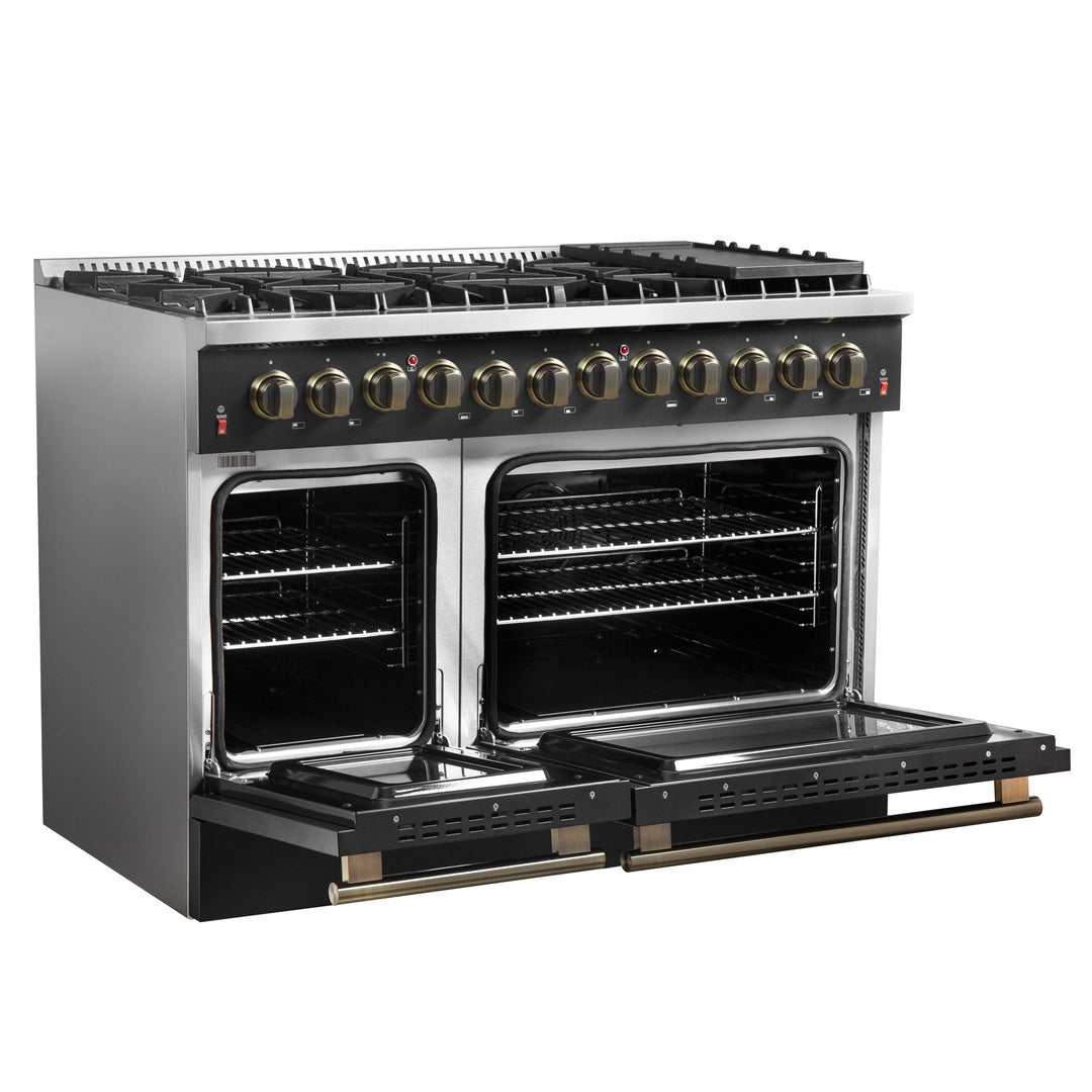 Galiano 48-inch Dual Fuel Range Black &amp; Antique Brass Design with 8 Sealed Burners 107,000 BTU, 6.58 cu. ft. double ovens &amp; Griddle