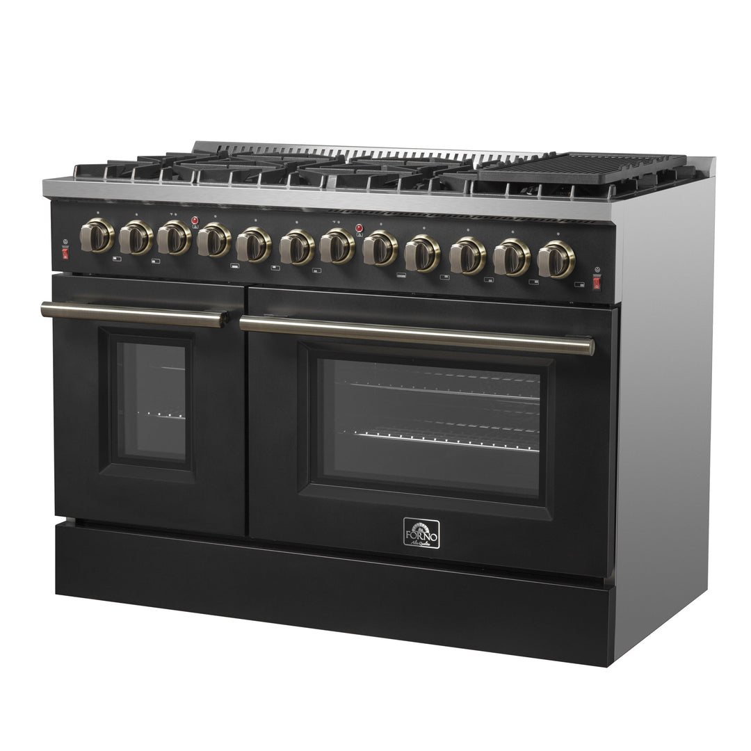 Galiano 48-inch Dual Fuel Range Black &amp; Antique Brass Design with 8 Sealed Burners 107,000 BTU, 6.58 cu. ft. double ovens &amp; Griddle