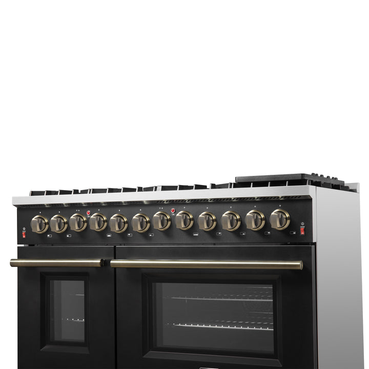 Galiano 48-inch Dual Fuel Range Black &amp; Antique Brass Design with 8 Sealed Burners 107,000 BTU, 6.58 cu. ft. double ovens &amp; Griddle