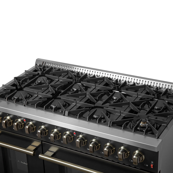 Galiano 48-inch Dual Fuel Range Black &amp; Antique Brass Design with 8 Sealed Burners 107,000 BTU, 6.58 cu. ft. double ovens &amp; Griddle