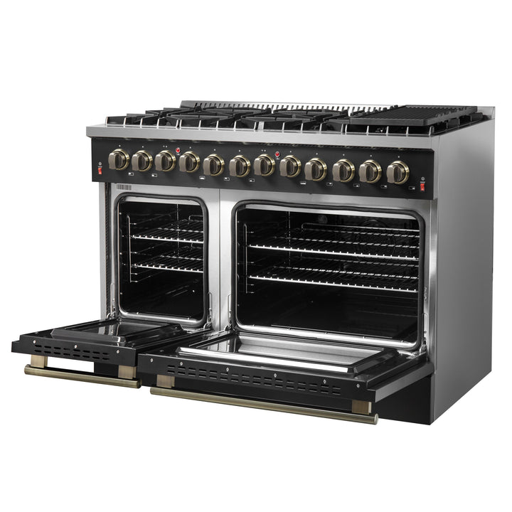 Galiano 48-inch Dual Fuel Range Black &amp; Antique Brass Design with 8 Sealed Burners 107,000 BTU, 6.58 cu. ft. double ovens &amp; Griddle